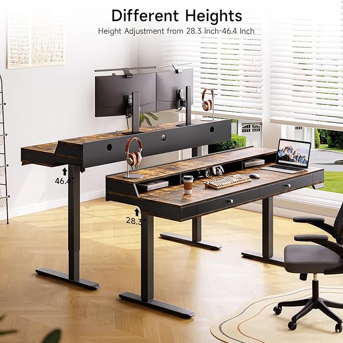 ONBRILL Standing Desk with Drawers, 55x23.6 Electric Stand Up Desk with Storage Shelf and Memory Controller, Sit Stand Desk Adjustable Height from 28-46" for Computer Workstation, Rustic Brown