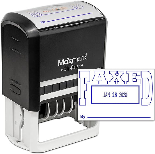 MaxMark Large Self-Inking Rubber Date Office Stamp with Faxed Phrase & Date - Blue Ink, 12-Year Band - Style 5