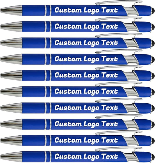 HEYZARDA Personalized Pens with Name Text Logo Custom Ballpoint Pen for Business Office Events with Stylus for Touchscreen 10 Pcs Blue