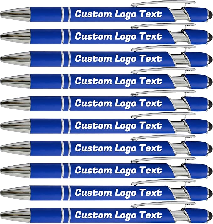 HEYZARDA Personalized Pens with Name Text Logo Custom Ballpoint Pen for Business Office Events with Stylus for Touchscreen 100 Pcs Blue