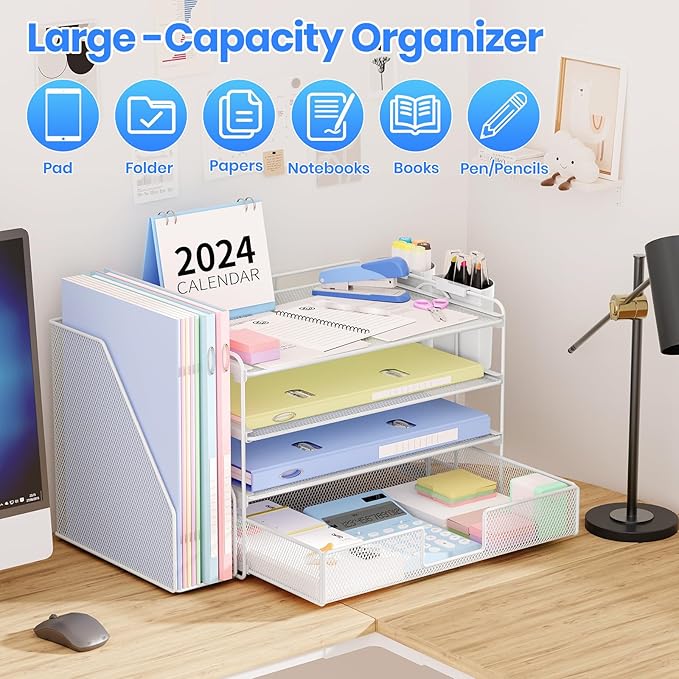 OPNICE Desk Organizer, 4-Tier Desktop File Organizer with Drawer and 2 Pen Holders, Office Desk Accessories, File Sorters, Workspace Organizers for Office Supplies(White)
