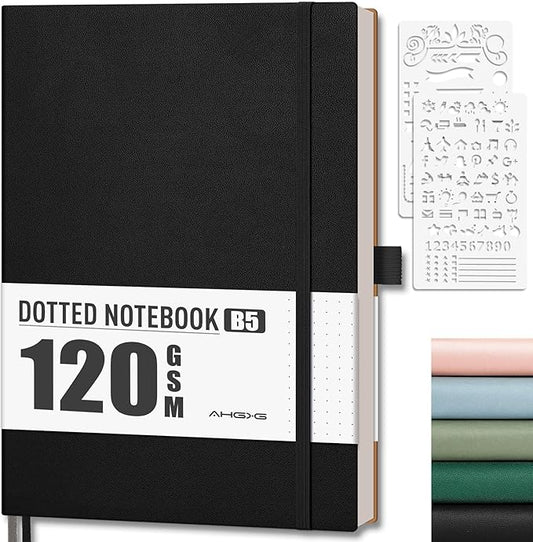 AHGXG Bullet Dotted Journal - Dot Grid Notebook Journal, 120 GSM Thick Acid-Free Paper, Large B5 Dotted Notebook 96 Pages, Leather Softcover, Inner Pocket, Journal Stencil, 7.6'' X 10'' - Black