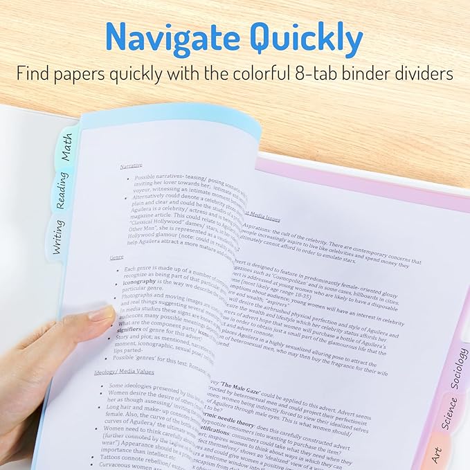 Forvencer 8-Tab Binder Dividers with Tabs, Big Tabs, Write&Erase Plastic Dividers for 3 Ring Binder, Binder Tabs for Organizers, 3 Ring Binder Dividers with Tabs for School Office (Muted, 1 Set)