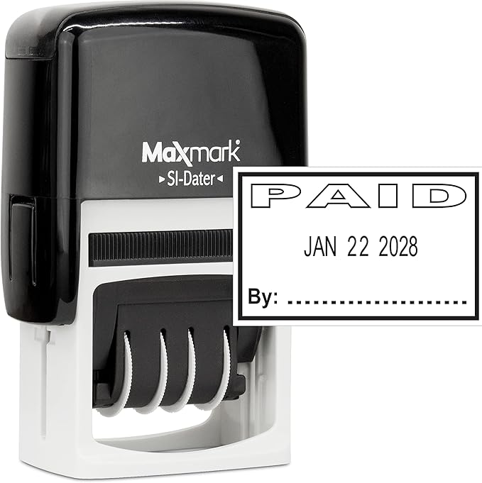 MaxMark Office Self Inking Date Stamp with Phrase Paid - Black Ink