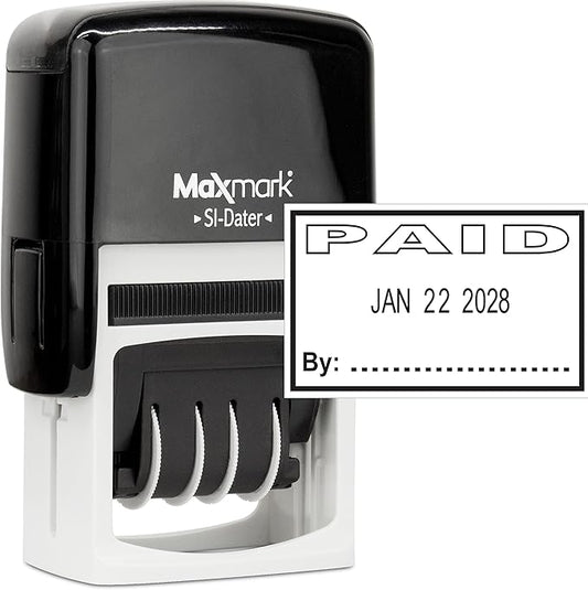 MaxMark Office Self Inking Date Stamp with Phrase Paid - Black Ink