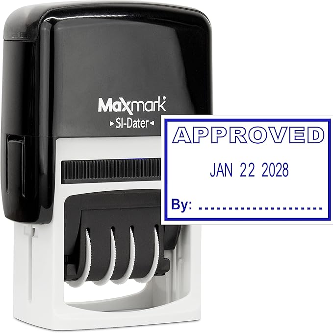 MaxMark Office Self Inking Date Stamp with Phrase Approved - Blue Ink