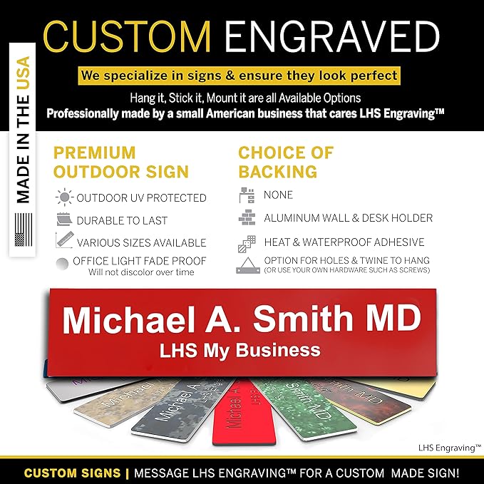 Engraved Door Signs for Office Personalized Red Plastic Door Plaque White Letters - Made in USA 2x12 B7