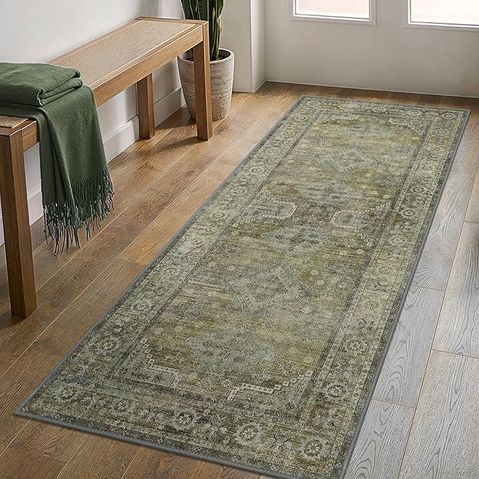 GENIMO Runner Rug 2x10 Non Slip Machine Washable Vintage Hallway Runner Rugs, Low Pile Lightweight Mat for Living Room, Entryway, Bedroom, Kitchen and Corridor, Distressed Sage