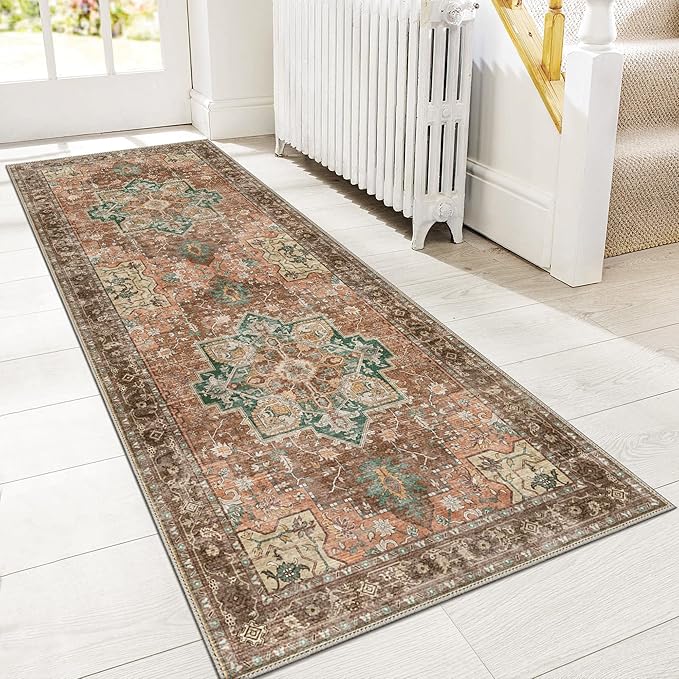 GENIMO 2'6"x8 Runner Rugs for Hallway, Machine Washable Non Slip Vintage Rugs, Low Pile Lightweight Soft Print Rug for enrtyway, Corridor, Home Office, Kitchen, Rosewood