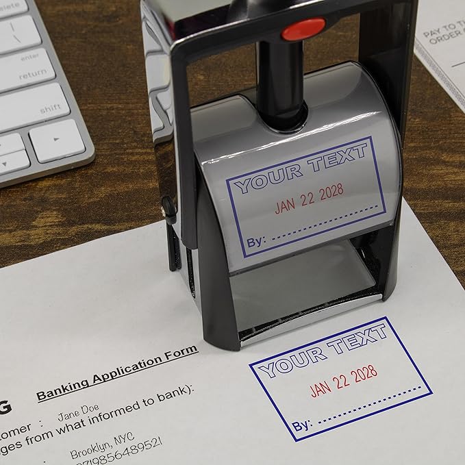 MaxMark Heavy Duty Self Inking Date Stamp with Phrase Revised - Blue Ink