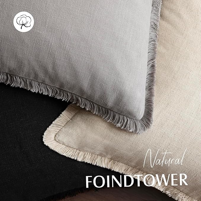 Foindtower Set of 2 Decorative Linen Fringe Throw Pillow Covers Cozy Farmhouse Cushion Cover with Tassels Accent Pillowcase for Couch Chair Sofa Bed Living Room Home Decor,16×16 Inch,Light Rustic Gray