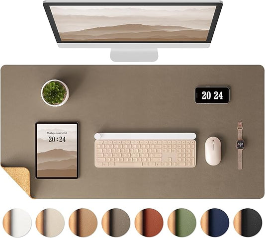 Aothia Dual-Sided Desk Pad - Leather Desk Mat, Natural Cork Desk Pad Protector, Large Mouse Pad for Desk, Waterproof Desk Blotter Pad, Desk Writing Pad for Office Work/Home, Coffee (35.4" x 15.7")