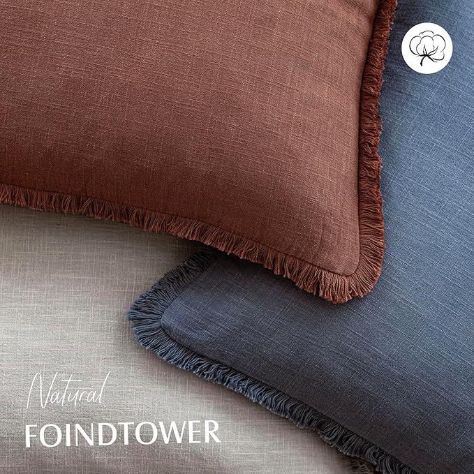 Foindtower Set of 2 Decorative Linen Fringe Throw Pillow Covers Boho Farmhouse Cushion Cover with Tassels Soft Accent Pillowcase for Couch Chair Sofa Bed Living Room Home Decor,20×20 Inch,Rust Red