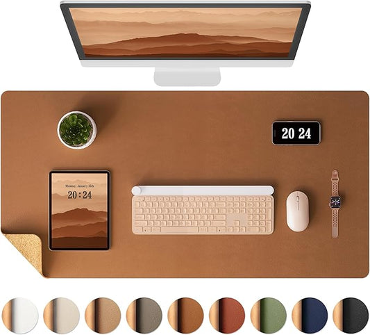 Aothia Double-Sided Desk Pad, Leather Desk Mat, Eco Cork Desk Pad Protector, Large Mouse Pad, Waterproof Desk Blotter Protector for Office/Home (25.6"x13.7", Brown)