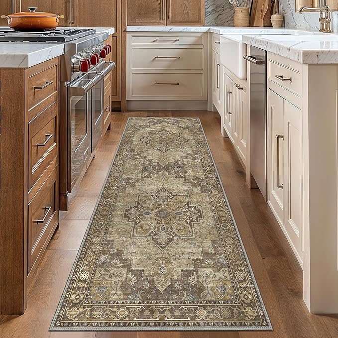 GENIMO 2'6''x6 Runner Rugs for Hallway, Machine Washable Non Slip Vintage Rugs, Low Pile Lightweight Soft Print Rug for enrtyway, Corridor, Home Office, Kitchen, Rustic Brown