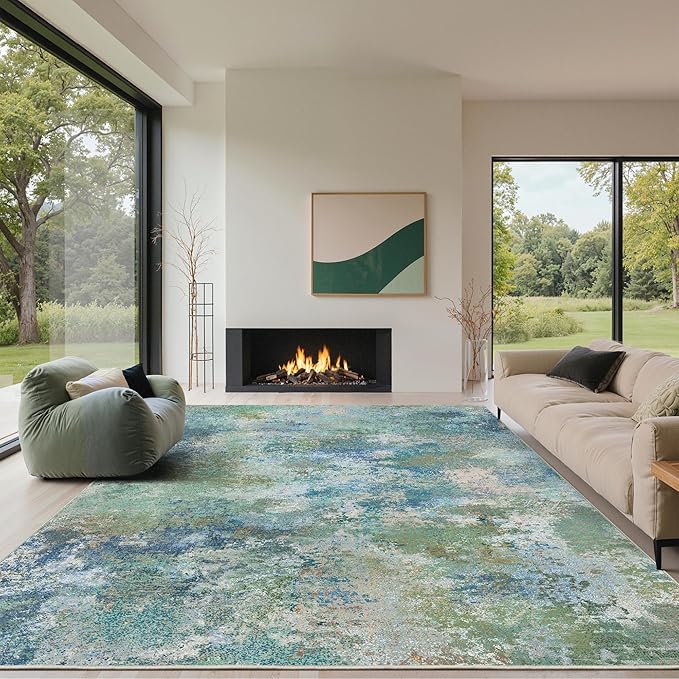GENIMO Washable Rugs 10x14 Area Rugs for Living Room Bedroom, Modern Lightweight Rug Ultra Soft Indoor Area Rugs 10x14 for Dining Room, Low Pile Carpet with Non Slip Backing, Blue Green
