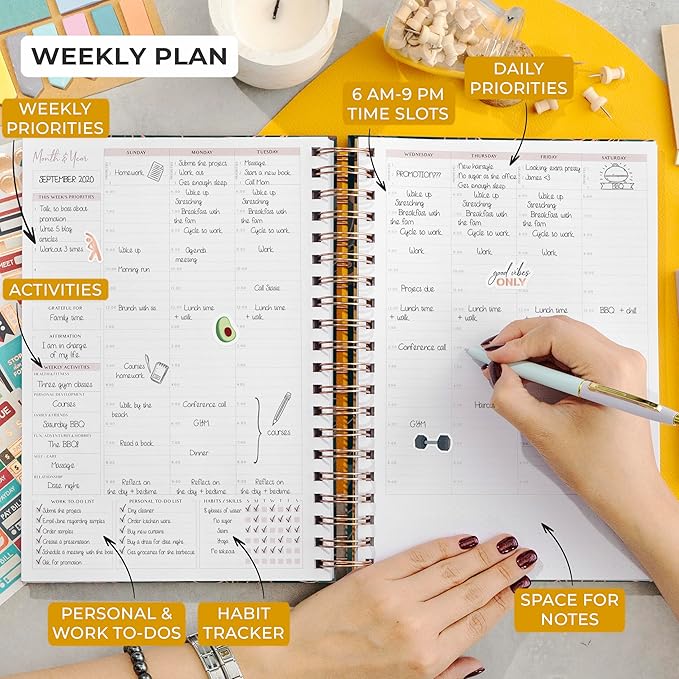 PLANBERRY Large Hourly Schedule Planner Premium – Undated Organizer for Productivity, Time Management & Budget, 8x10.4″ (Green Pastures)