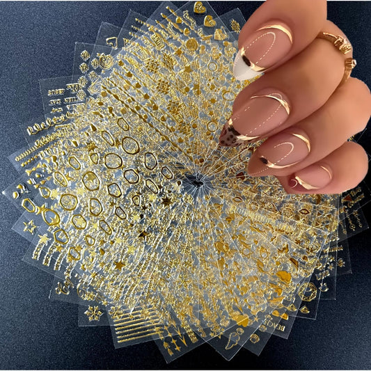 30 Sheets Gold Nail Art Stickers 3D Self-Adhesive Nail Decals Gold Line Star Nail Stickers for Acrylic Nails Gold Leaf Diamond Nail Supplies for Women