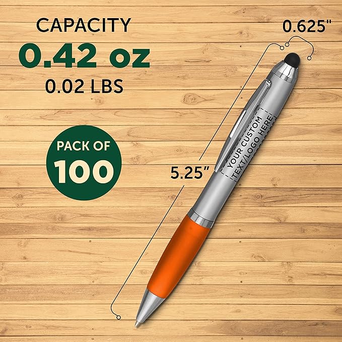 DISCOUNT PROMOS Custom Stylus Ballpoint Pens Set of 100, Personalized Bulk Pack - Black Ink, Great for Office, School, Business, Tradeshows, Events - Orange