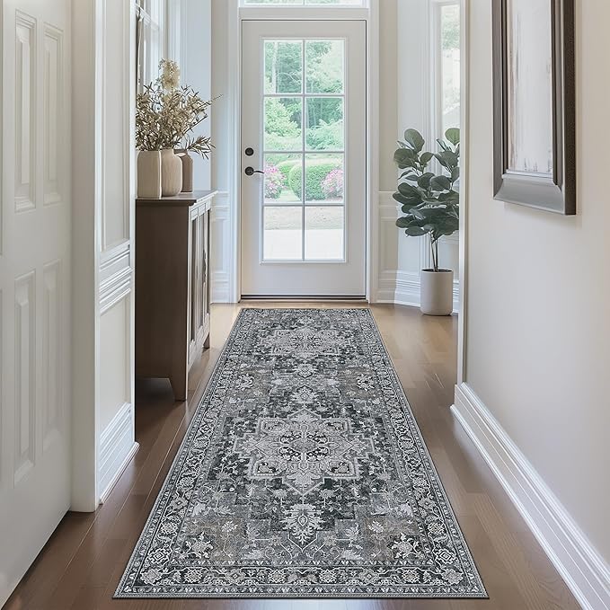 GENIMO 2'6''x8 Runner Rugs for Hallway, Machine Washable Non Slip Vintage Rugs, Low Pile Lightweight Soft Print Rug for enrtyway, Corridor, Home Office, Kitchen,Dark Gray