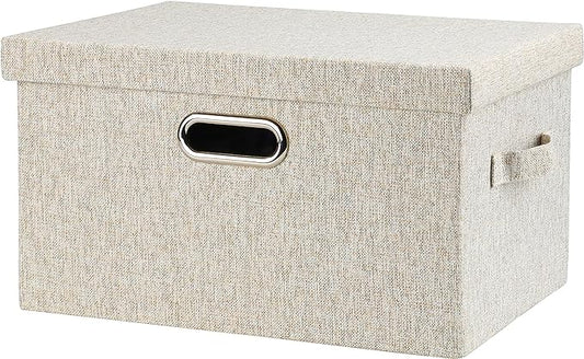 Graciadeco Medium 15" 21 Quart Collapsible Stackable Storage Bins with Lids, 1 Pack Beige Foldable Fabric Closet Storage Boxes with Lids, Heavy-duty Linen Baskets for Bedroom