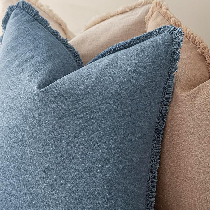 Foindtower Set of 2 Decorative Linen Fringe Throw Pillow Covers Cozy Boho Farmhouse Cushion Cover with Tassels Soft Accent Pillowcase for Couch Sofa Bed Living Room Home Decor, 22×22 Inch, Misty Blue