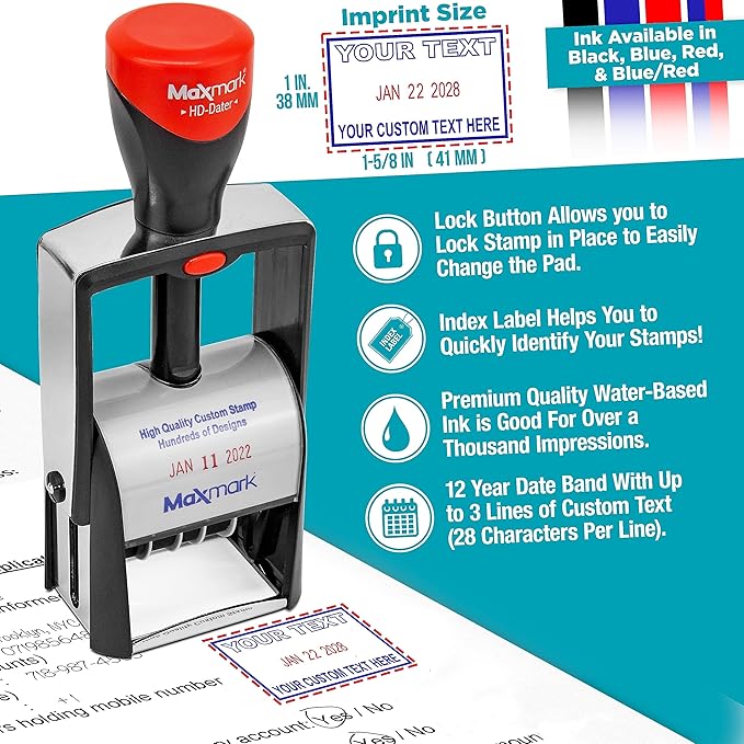 MaxMark Heavy Duty Self Inking Date Stamp with Phrase Received - 2 Color Blue/Red Ink