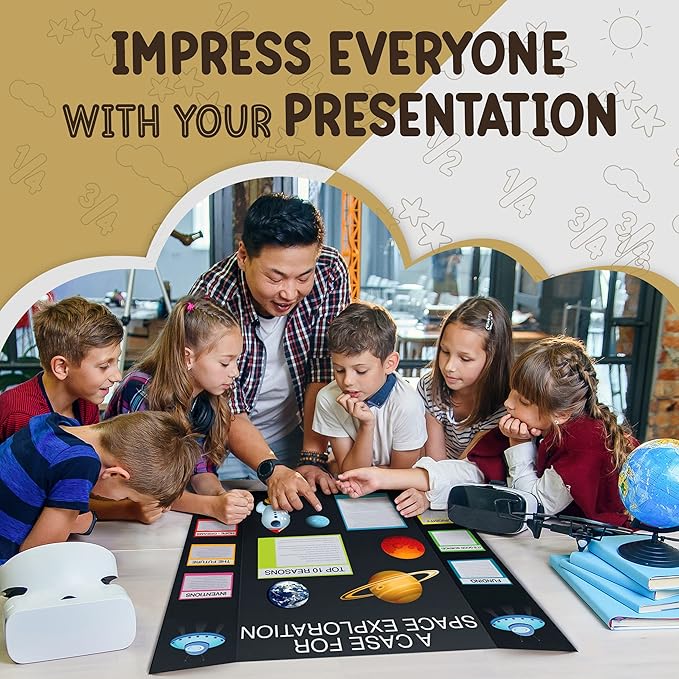 White Trifold Presentation Board 36" x 48" (Pack of 4) Self-Adhesive Science Subtitles included - Display Exhibition Board Lightweight and Portable with Smooth Surface - by Emraw