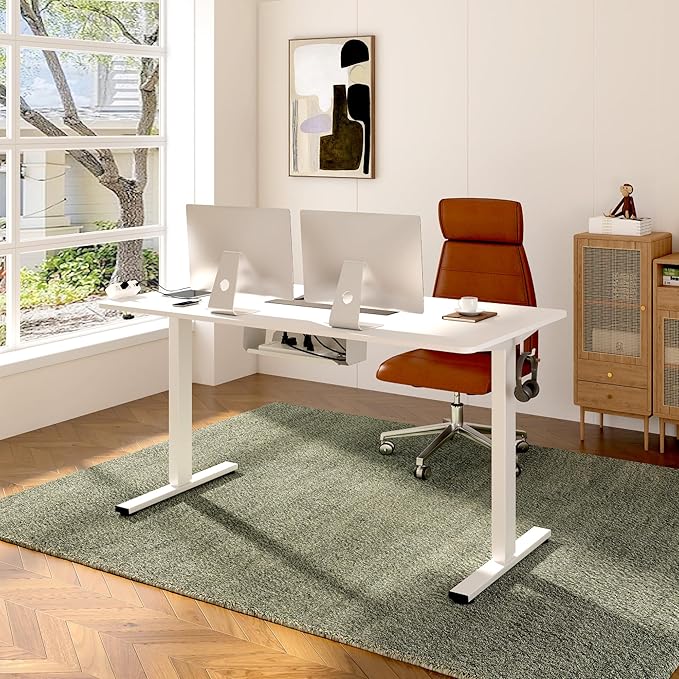 FLEXISPOT EN2 Whole-Piece Standing Desk with Clamp Power Strip, 48x24 Electric Stand Up Height Adjustable Desk with Cable Management (White Frame + 48" White Top)
