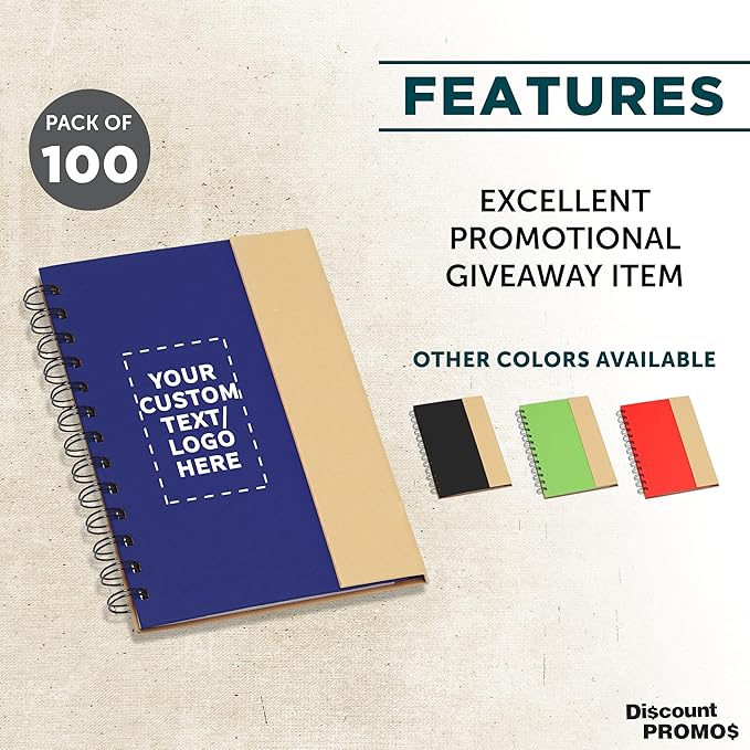 DISCOUNT PROMOS Custom Eco Friendly Spiral Notebooks with Pens Set of 100, Personalized Bulk Pack - Perfect for School, Office, Home - Blue
