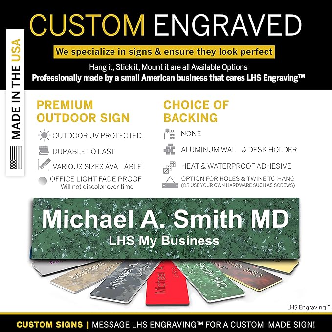 Engraved Name Plates for Door Sign Personalized Green Marble Plastic Plaque with White Letters - Made in USA 2x8 S4