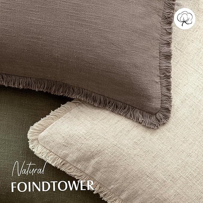 Foindtower Set of 2 Decorative Linen Fringe Throw Pillow Covers Cozy Farmhouse Cushion Cover with Tassels Accent Pillowcase for Couch Chair Sofa Bed Living Room Home Decor,18×18 Inch,Light Coffee