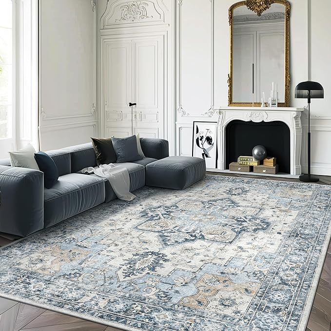 GENIMO 9x12 Area Rugs for Living Room, Machine Washable Non Slip Vintage Rugs, Low Pile Lightweight Chenille Print Rug for Bedroom, Dining Room, Home Office, Blue