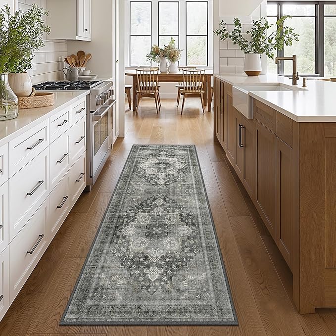 GENIMO 2'6"x10 Runner Rugs for Hallway, Machine Washable Non Slip Vintage Rugs, Low Pile Lightweight Soft Print Rug for enrtyway, Corridor, Home Office, Kitchen, Charcoal Gray