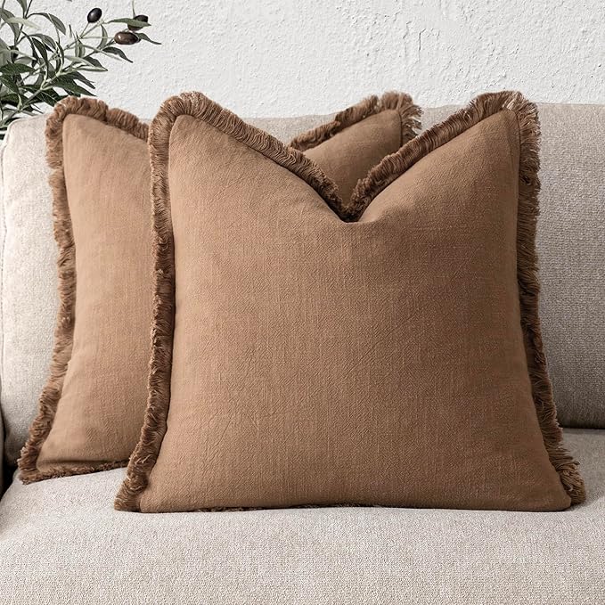 Foindtower Set of 2 Decorative Linen Fringe Throw Pillow Covers Cozy Boho Farmhouse Cushion Cover with Tassels Soft Accent Pillowcase for Couch Sofa Bed Living Room Home Decor, 16×16 Inch, Khaki Brown