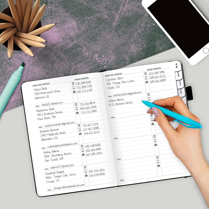 Legend Planner Address Book with Alphabetical Tabs –Telephone Contacts Book for Phone Numbers, Addresses, Passwords, Medium (Black)