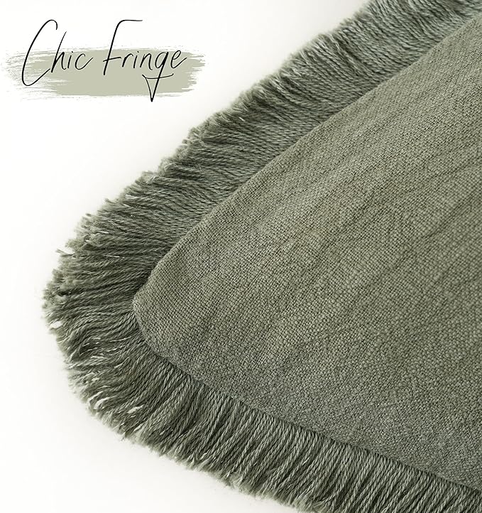 Foindtower Set of 2 Decorative Linen Fringe Throw Pillow Covers Cozy Boho Farmhouse Cushion Cover with Tassels Soft Accent Pillowcase for Couch Sofa Bed Living Room Home Decor,18×18 Inch,Olive Green