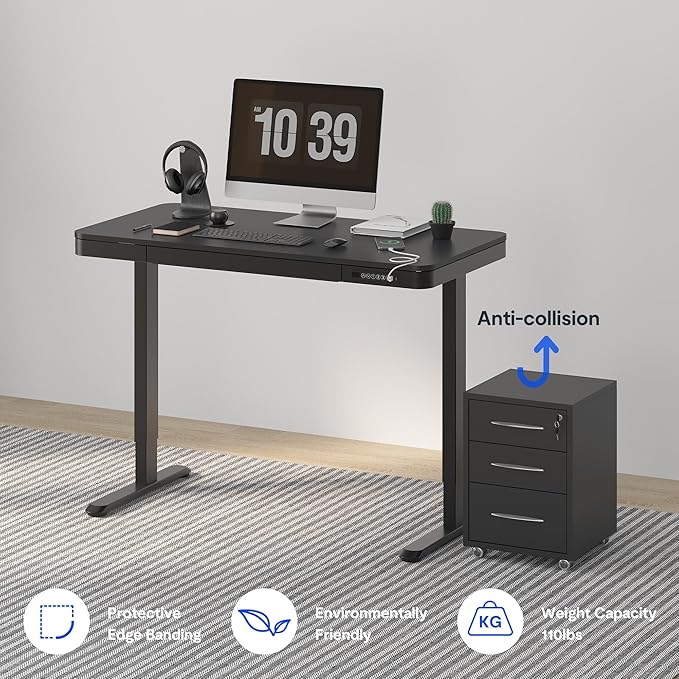 FLEXISPOT Comhar Electric Standing Desk with Drawer Desktop & Adjustable Frame Quick Install w/USB Charge Ports (Black, Wood)
