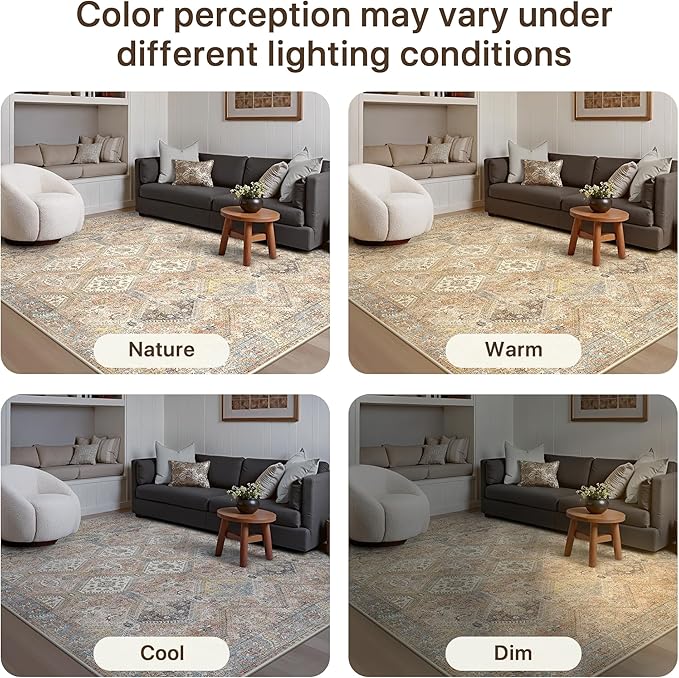 GENIMO 8x10 Area Rugs for Living Room, Machine Washable Non Slip Vintage Rugs, Low Pile Lightweight Print Rug for Bedroom, Dining Room, Home Office, Warm Brown