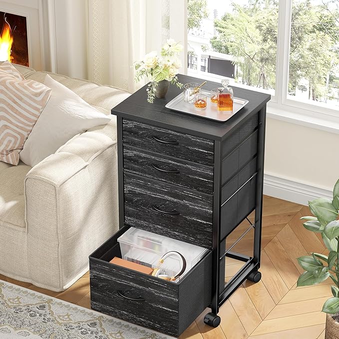 4 Drawers Mobile File Cabinet Vertical Filing Cabinet with Fabric Drawer Fits A4/Letter Size Printer Stand for Home Office，Black
