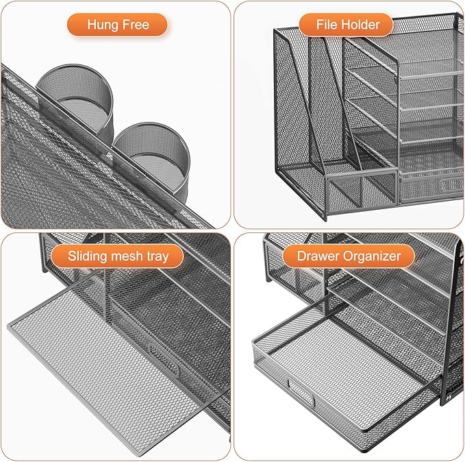 Marbrasse 5-Tier Paper Letter Tray Organizer with Drawer and Pen Holder, Mesh Desktop Organizer and Storage with Magazine Holder for Office Supplies (Grey)