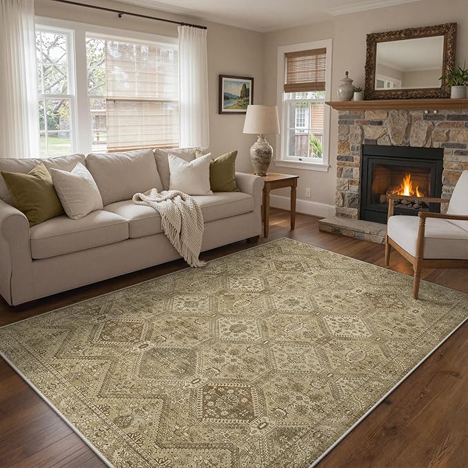 GENIMO 6x9Area Rugs for Living Room, Machine Washable Non Slip Vintage Rugs, Low Pile Lightweight Print Rug for Bedroom, Dining Room, Home Office, Tan Brown
