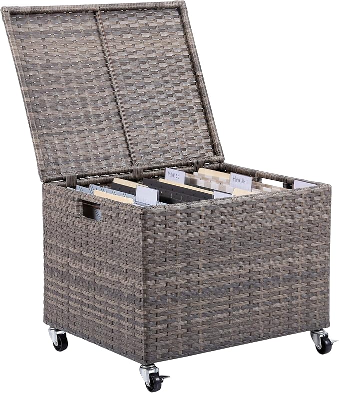 BIRDROCK HOME Rolling File Box - Storage Cabinet with Wheels - Weatherproof Rattan-Style Resin Deck Chest for Garden, Home and Office - Organize Cushions, Toys, and Accessories - Storage Box - Tan