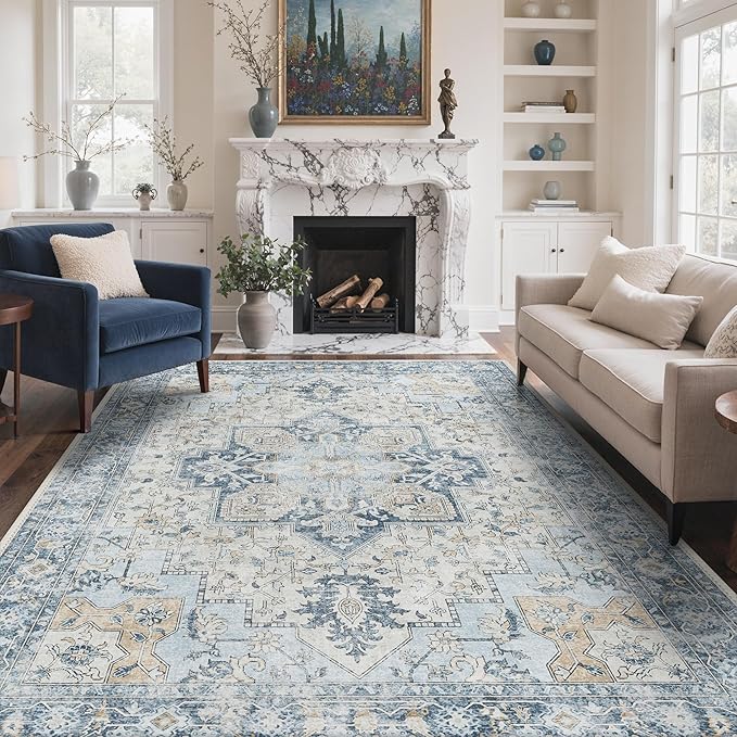 GENIMO 10x14 Area Rugs for Living Room, Machine Washable Rug, Non Slip Vintage Rugs, Low Pile Lightweight Chenille Print Rug for Bedroom, Dining Room, Home Office, Blue
