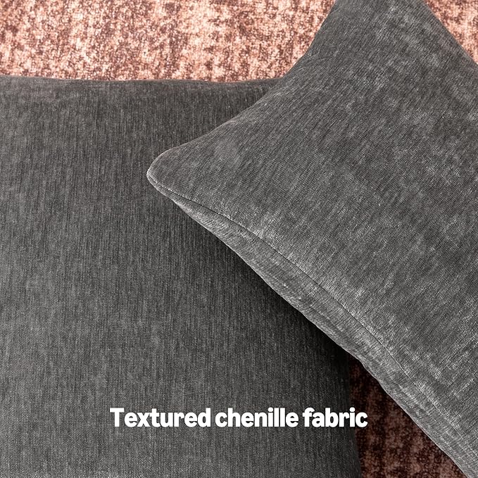 Amazon Basics Chenille Throw Pillow Covers, Home Decor Cushion Cover for Bedroom Living Room Couch Bed, 22" W × 22" L, Dark Gray