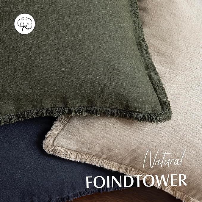 Foindtower Set of 2 Decorative Linen Fringe Throw Pillow Covers Farmhouse Cushion Cover with Tassels Accent Pillowcase for Couch Bed Sofa Living Room Home Bedroom Decor,12×24 Inch,Dark Olive Green