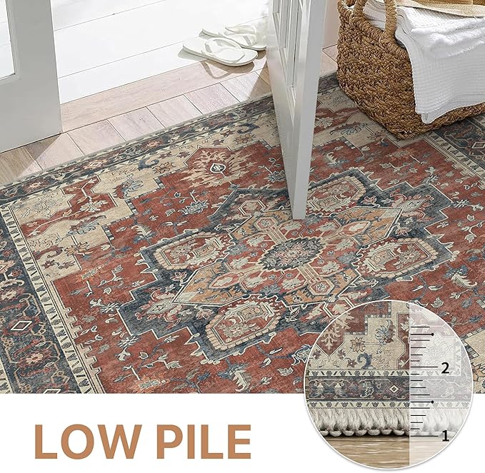 GENIMO 2x7 Runner Rugs for Hallway, Machine Washable Non Slip Vintage Rugs, Low Pile Lightweight Soft Print Rug for enrtyway, Corridor, Home Office, Kitchen, Bordeaux