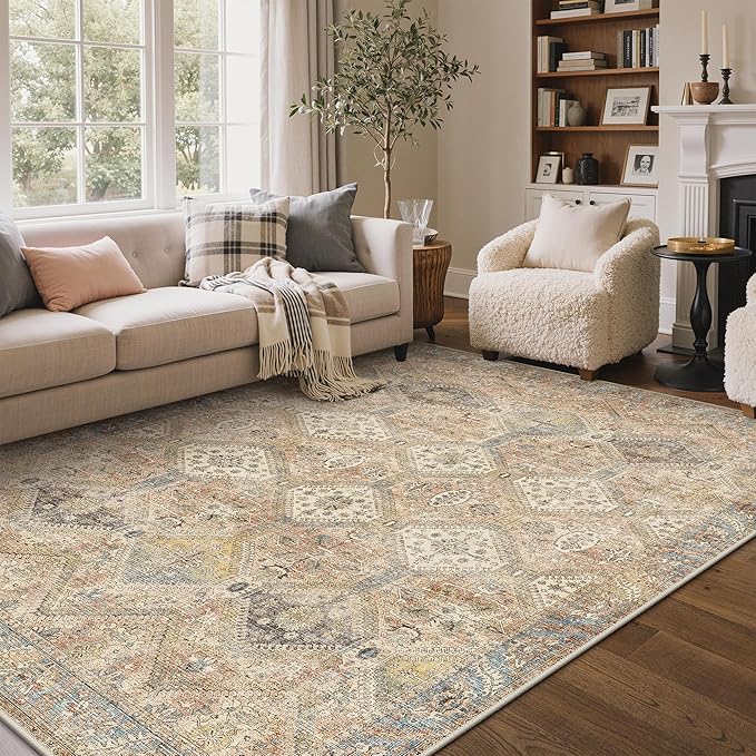 GENIMO 9x12 Area Rugs for Living Room, Machine Washable Non Slip Vintage Rugs, Low Pile Lightweight Print Rug for Bedroom, Dining Room, Home Office, Warm Brown