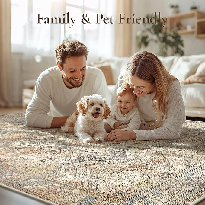 GENIMO 6x9Area Rugs for Living Room, Machine Washable Non Slip Vintage Rugs, Low Pile Lightweight Print Rug for Bedroom, Dining Room, Home Office, Warm Brown