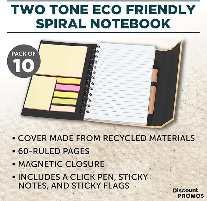 DISCOUNT PROMOS Custom Eco Friendly Spiral Notebooks with Pens Set of 10, Personalized Bulk Pack - Perfect for School, Office, Home - Black